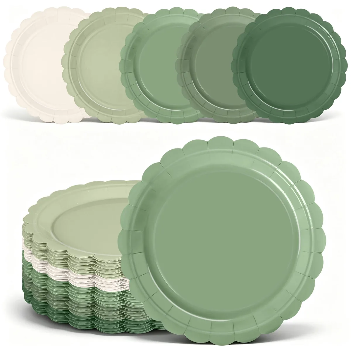 Stack of 50 scalloped 7" paper plates in green and brown shades