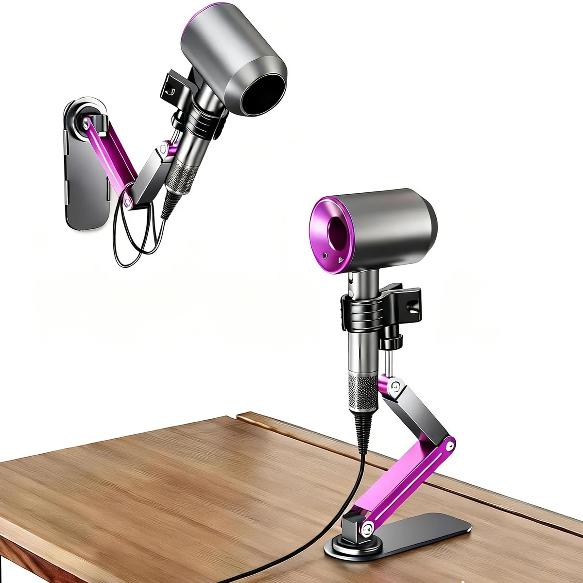 Wall-mounted hair dryer holder with rotating clamp and telescoping arm