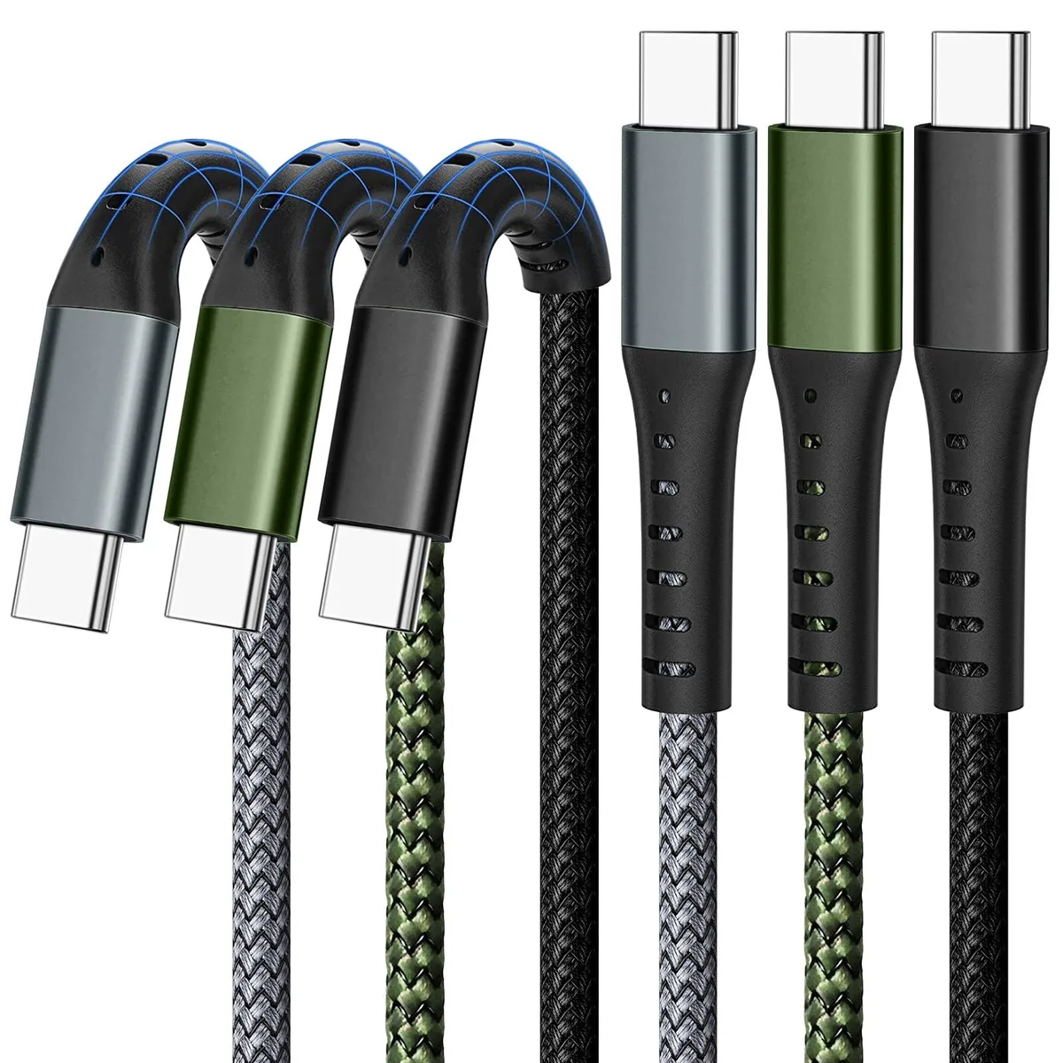 Three USB-C to USB-C cables in grey, green and black, nylon braided, 3 ft each
