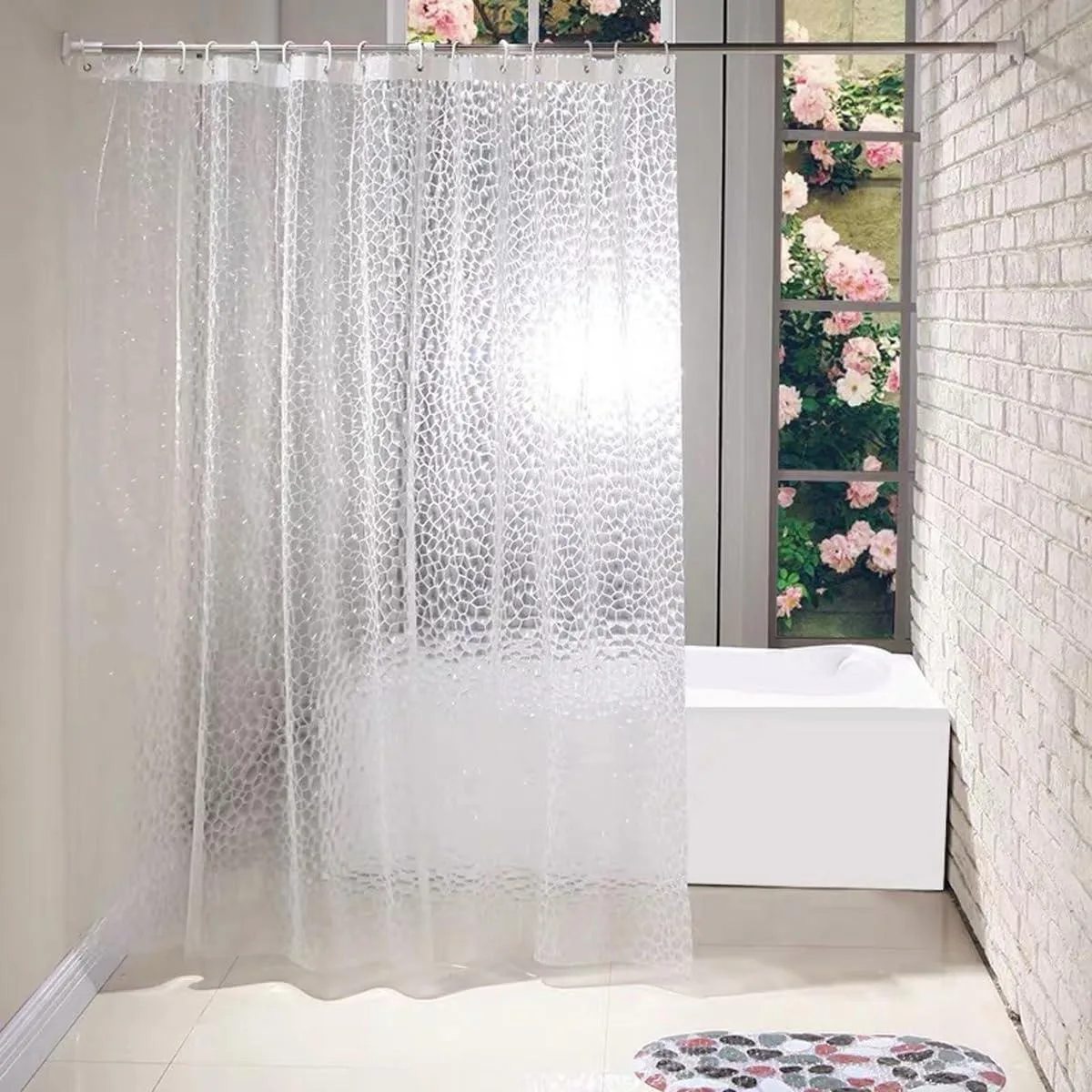 Clear cube-pattern shower curtain liner with 12 plastic hooks