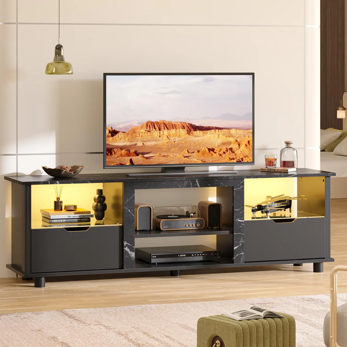 Bestier Bestier 70" Home Entertainment Center Black Marble with Drawers LED 75" TV Stand 22 Modes — product photo