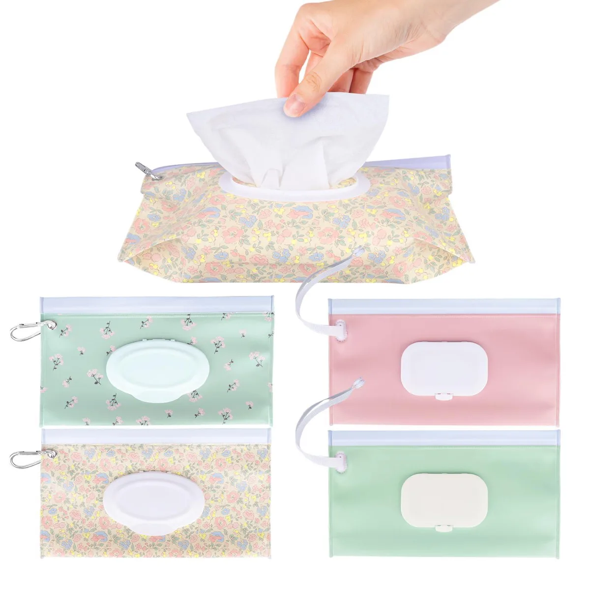 Four colourful EVA wipe pouches with flip lids, hooks and lanyards