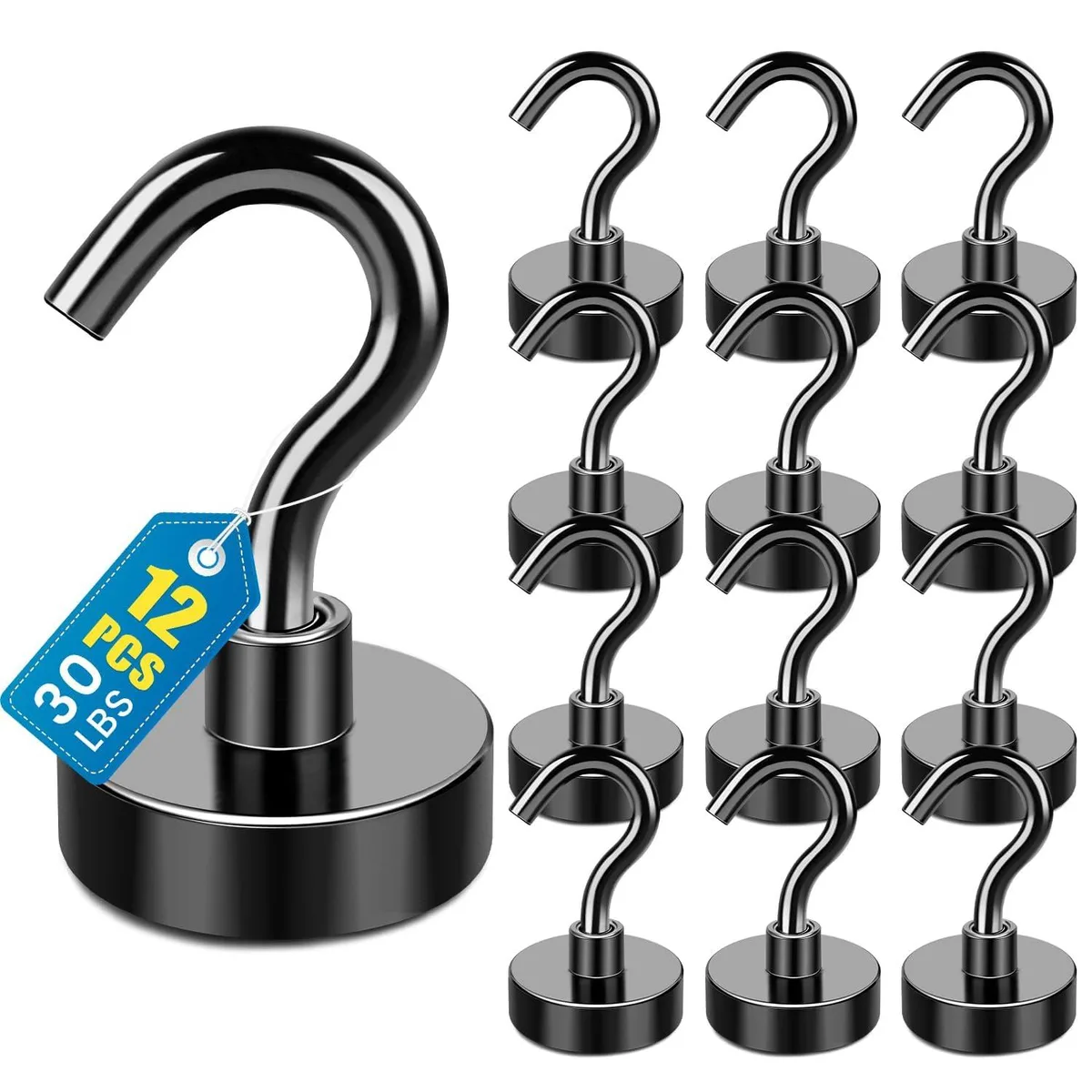 Twelve black magnetic hooks in a compact pack