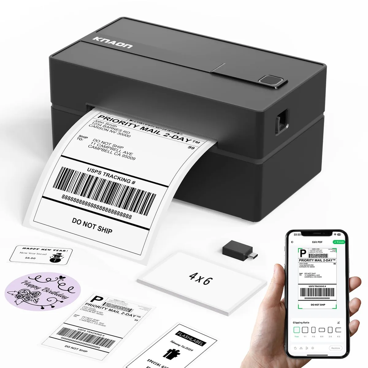 Compact black label printer, rectangular with rounded edges, smooth matte finish, Bluetooth wireless, 4.2 inch print width