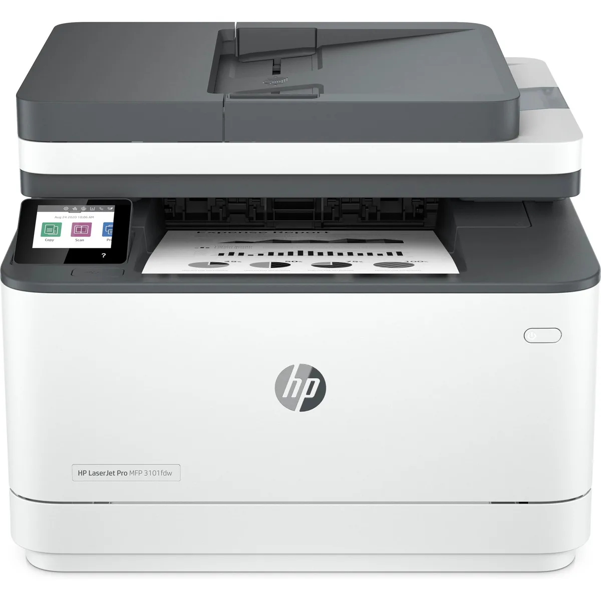 White rectangular laser printer with flat top and front control panel
