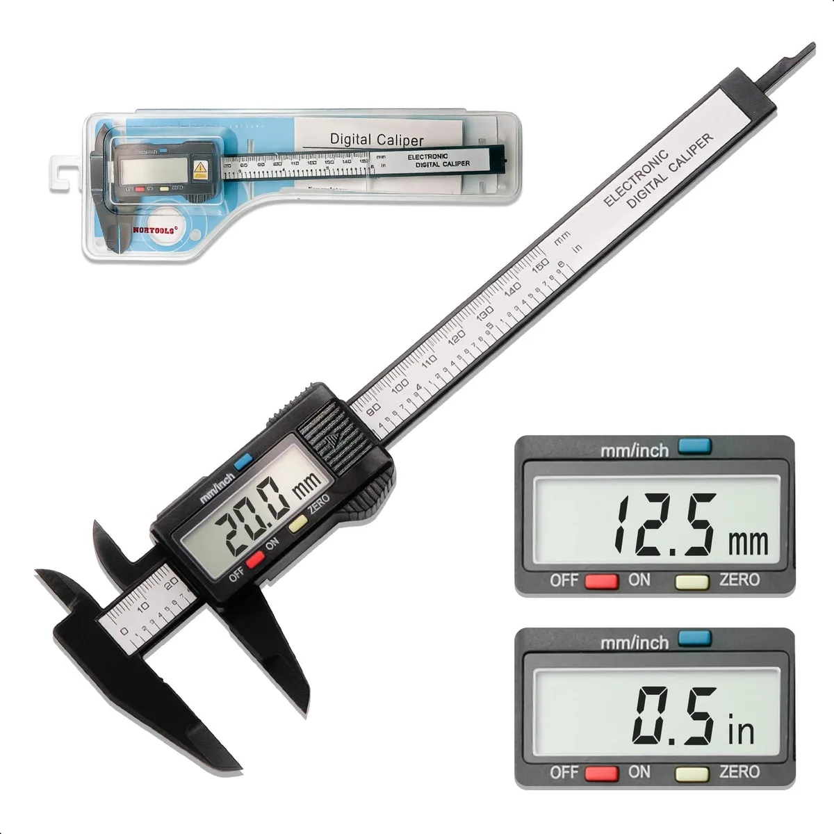 Carbon-fibre digital caliper with large LCD screen, 150 mm range
