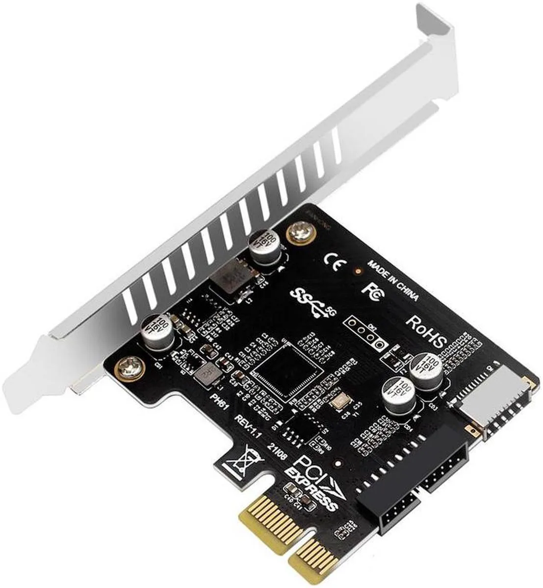 Green PCB expansion card with silver PCIe bracket, blue Type-E and black 20-pin headers