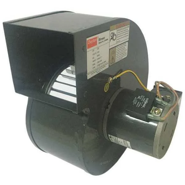 Rectangular steel blower housing with forward-curved wheel visible