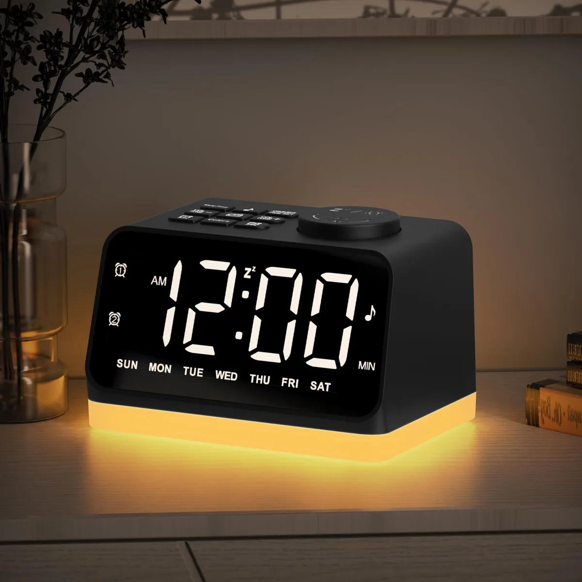 Black rectangular digital clock with white display, 4.7 inches wide, two USB ports on side