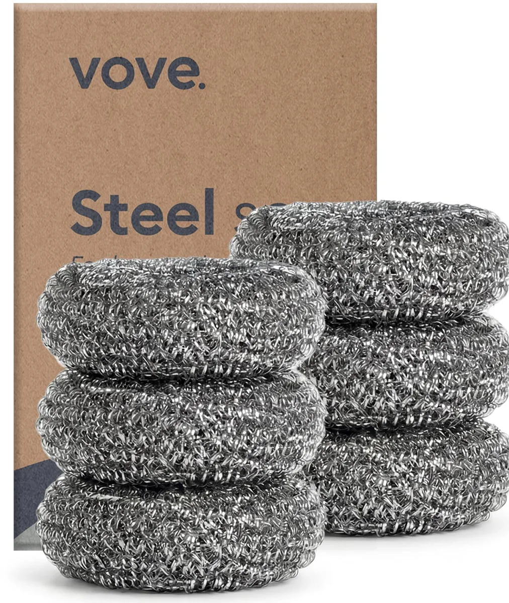 Six stainless steel scouring pads in coarse wire mesh finish