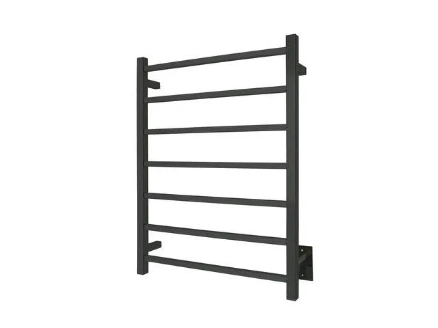 Matte black towel warmer with seven horizontal bars, wall mounted, hardwired connection