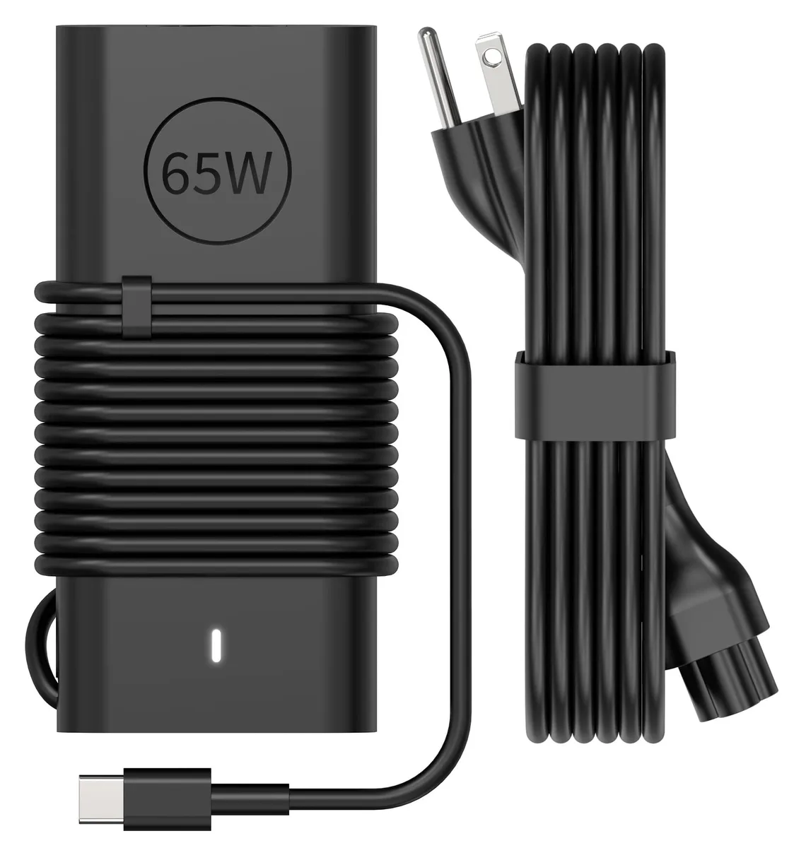 Black rectangular 65W USB-C power adapter with detachable cord