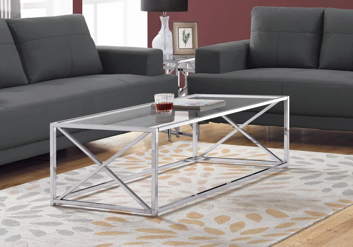 Rectangular clear tempered glass top on polished chrome X-base frame
