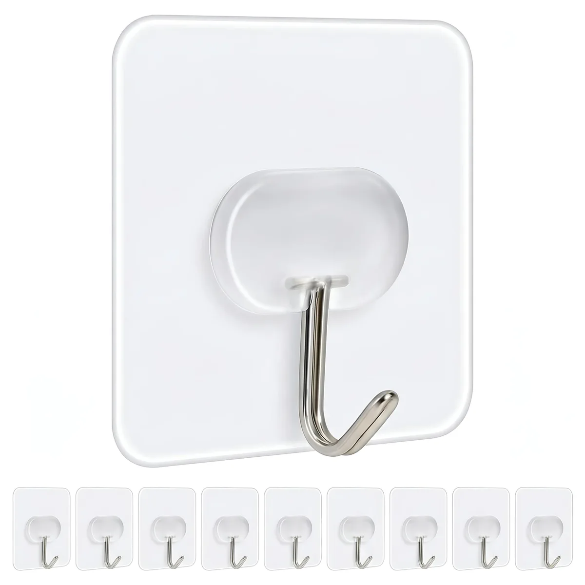 Clear adhesive hooks in a 32 pack, transparent bases with stainless steel hooks