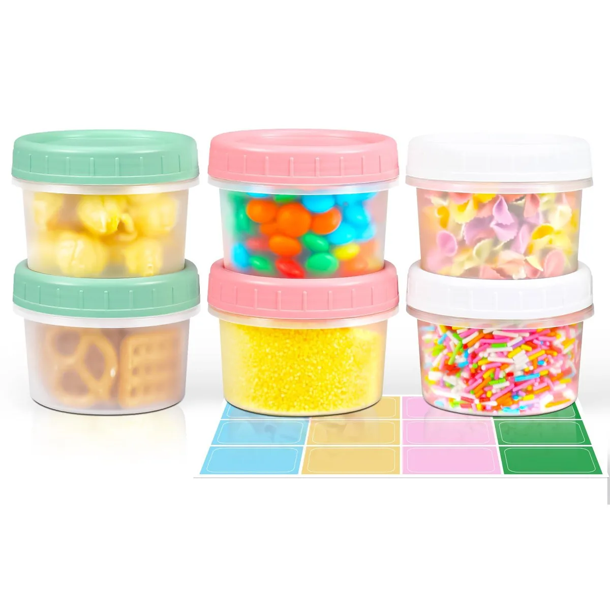 Six small red plastic jars with white twist-top lids