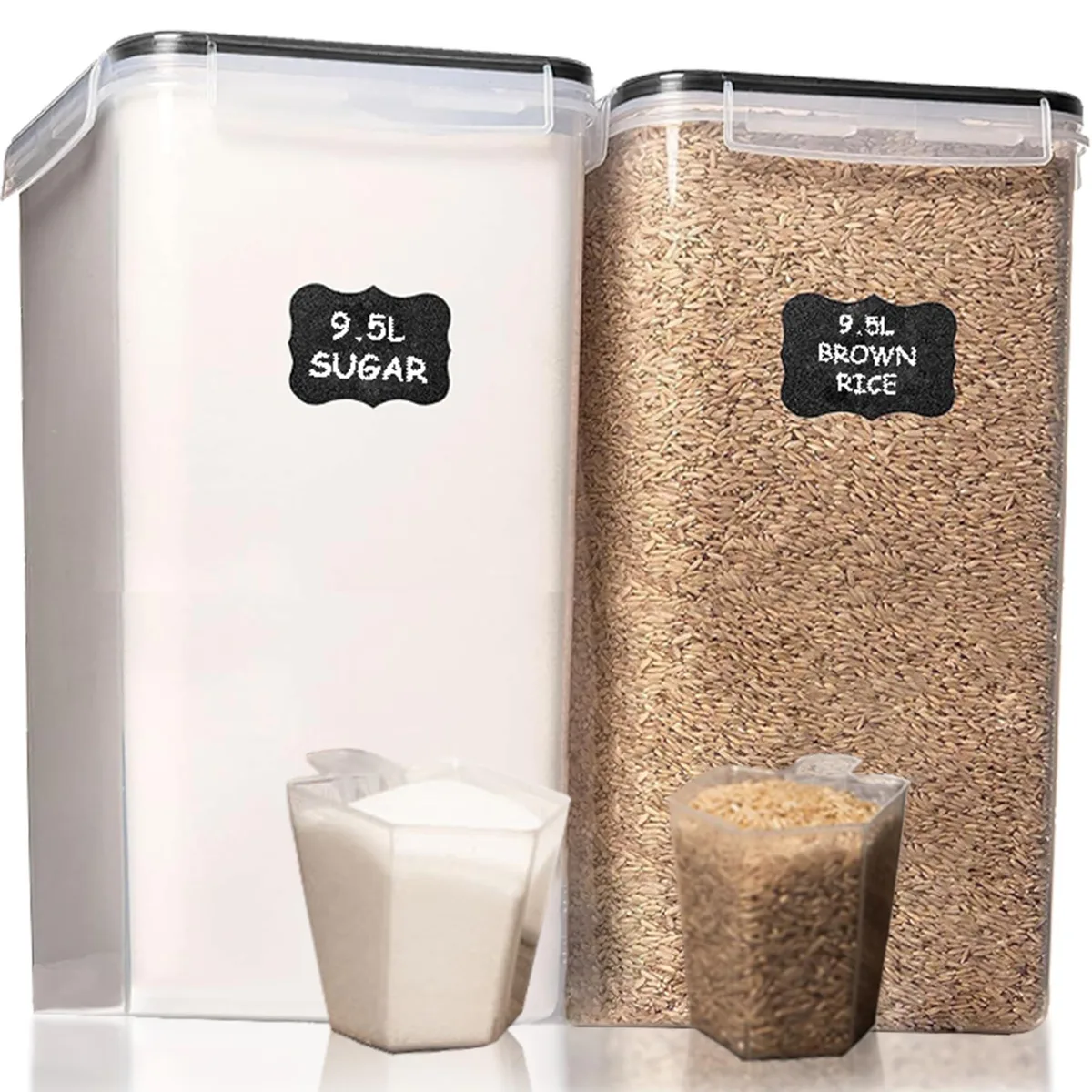 Two red rectangular 9.5 L containers with snap-lock lids and measuring cups