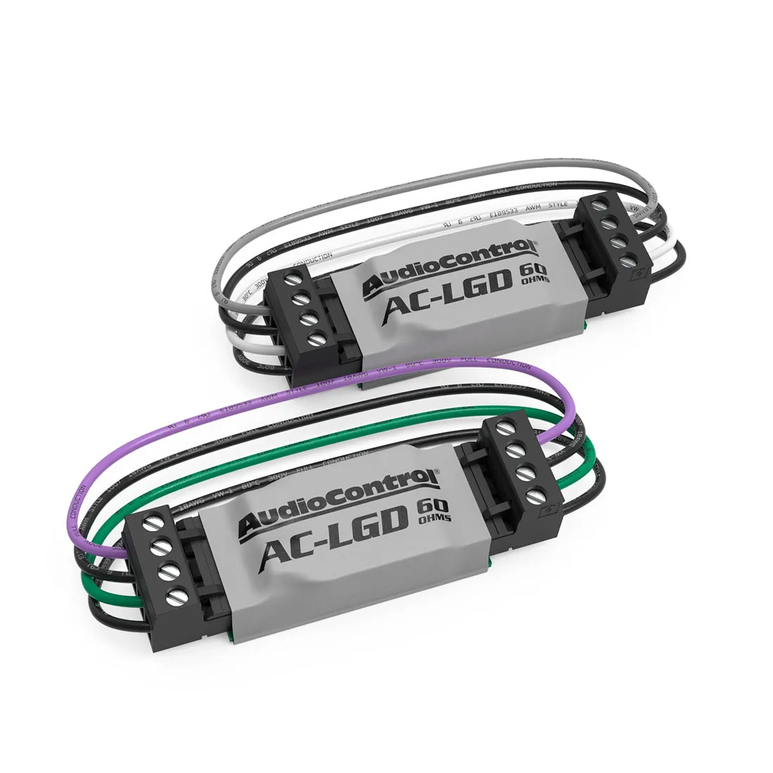 Pair of compact black rectangular load generators with pre-wired coloured leads