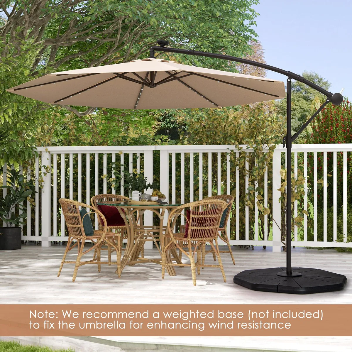 Tan 10 ft offset patio umbrella with solar panel and 40 lamp beads, metal pole and cross base