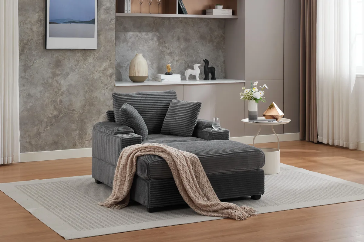 tuphen tuphen Corduroy Chaise Lounge Sofa with Storage Armrest, Movable Ottoman, Cupholders, Grey — product photo