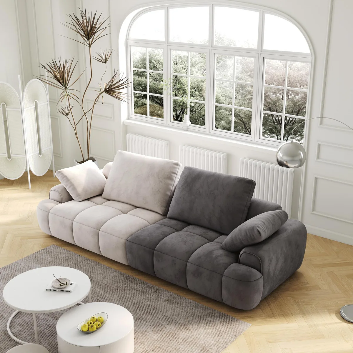 Beige and grey suede two-seat sofa with wooden legs