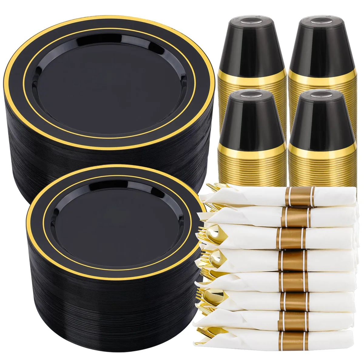 Black and gold disposable dinnerware set for 50 guests, 350 pieces including plates, cups, napkins and cutlery