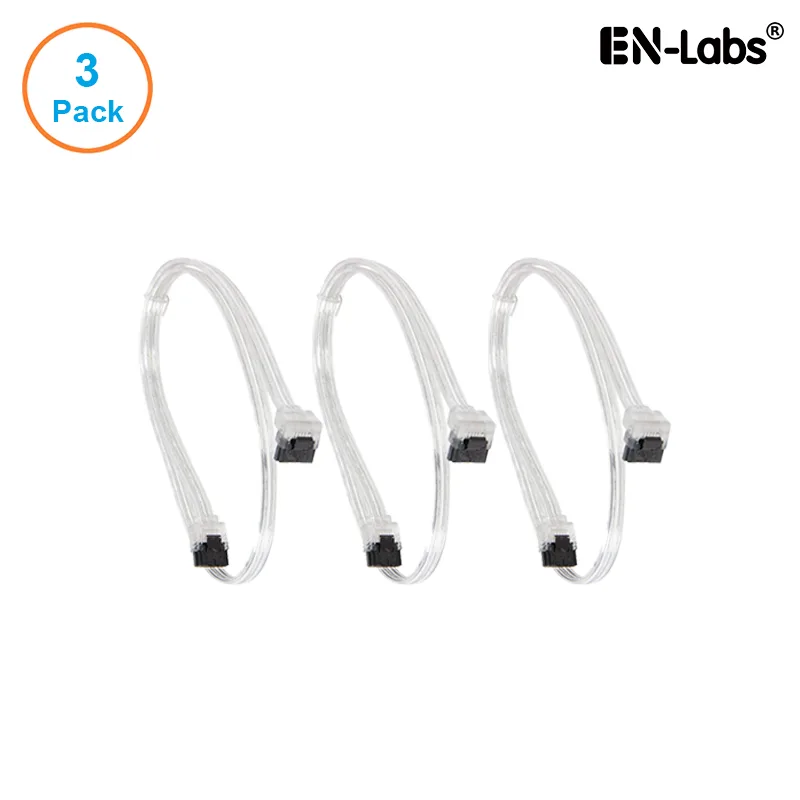EN-Labs EN-Labs 3PKSATAIII18CLA 3-pack SATA 3.0 6Gbps straight to 90° locking cables clear 18 inch — product photo