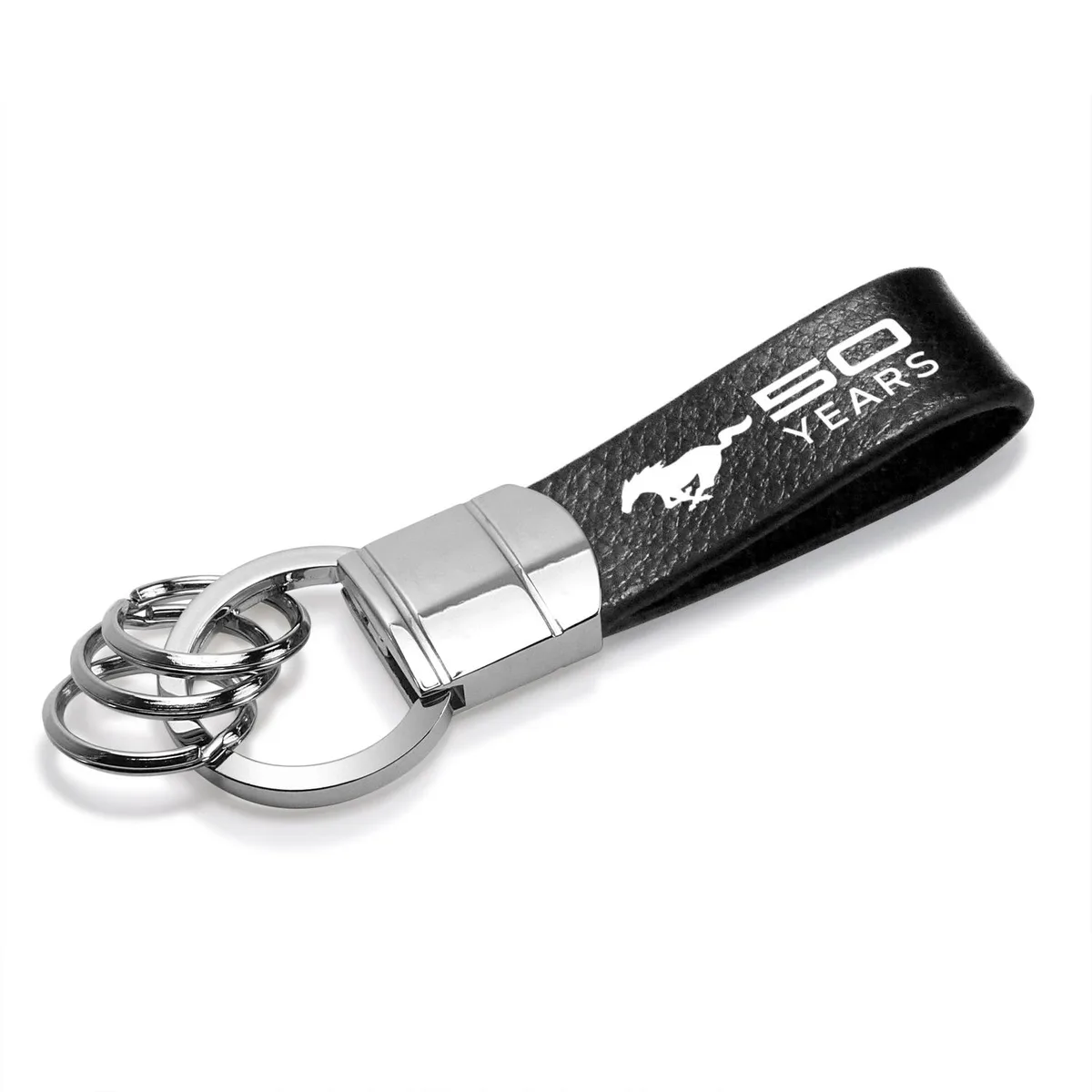 iPick Image, LLC iPick Image, LLC Ford Mustang 50 Years Black Leather Chrome Key Chain car electronics accessory — product photo