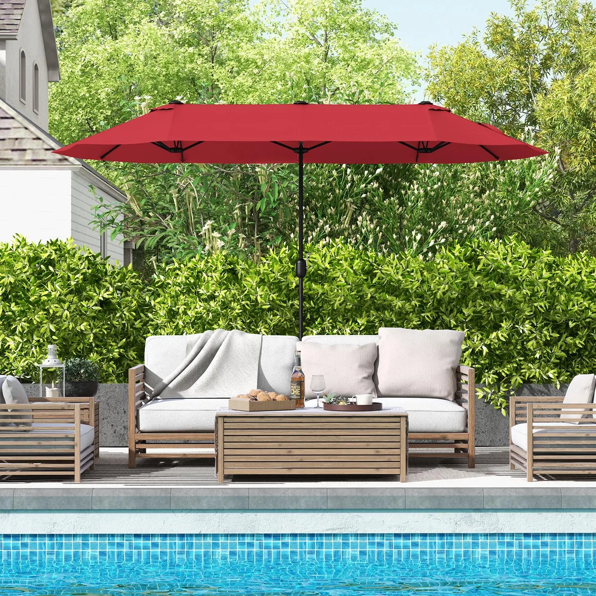 Wine-coloured double-sided patio umbrella with crank handle and cross base