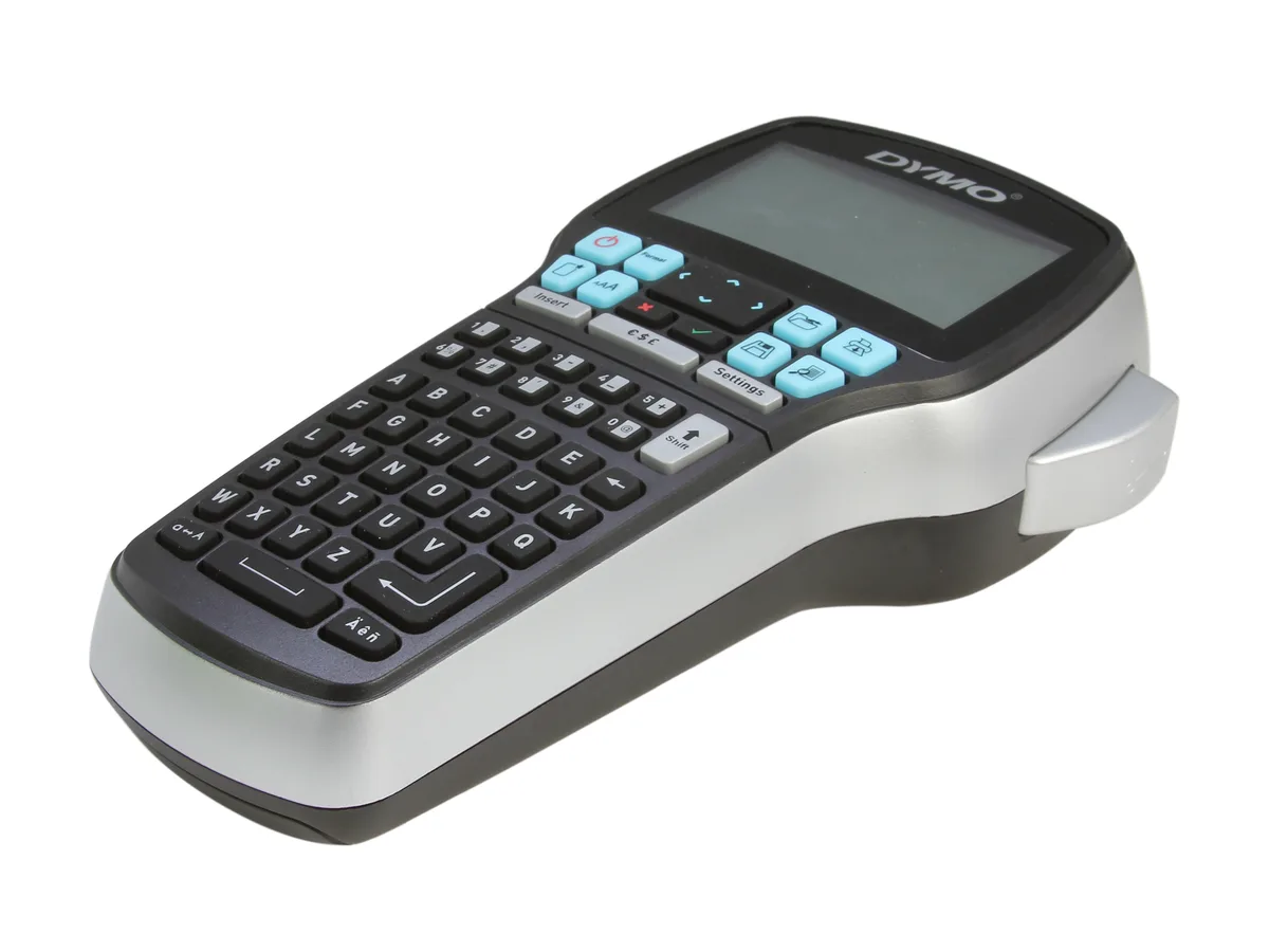 Compact grey handheld label printer with backlit display and ABC keyboard