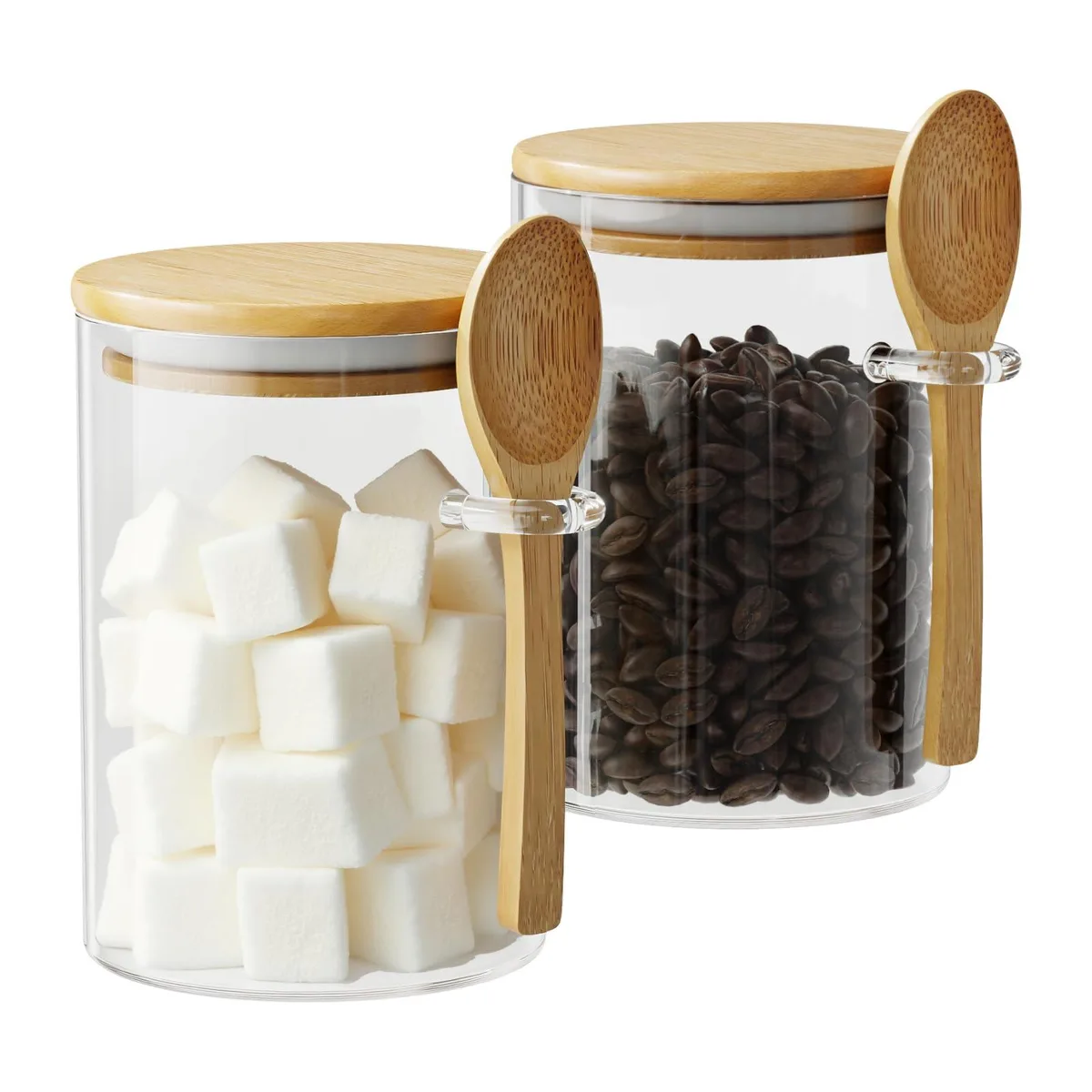 Two 15oz borosilicate glass jars with bamboo lids and spoons