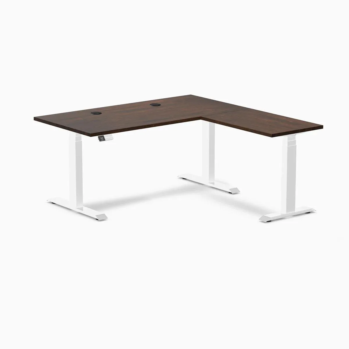 Desky Desky L-Shape Sit Stand Desk Dark Walnut White 60 x 30 x 62 x 20 in with Grommets — product photo