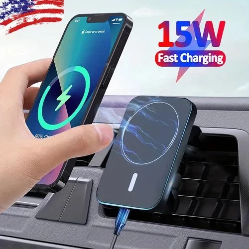 Black magnetic wireless car charger mount with suction cup base and adjustable ball joint