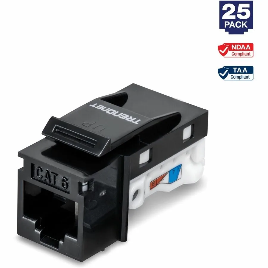 Twenty-five black Cat6 keystone jacks in a pack