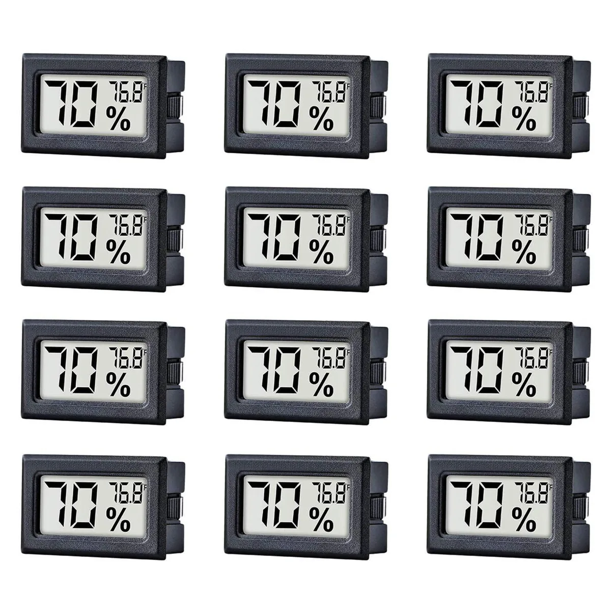 Twelve small black digital thermometer hygrometers with LCD screens