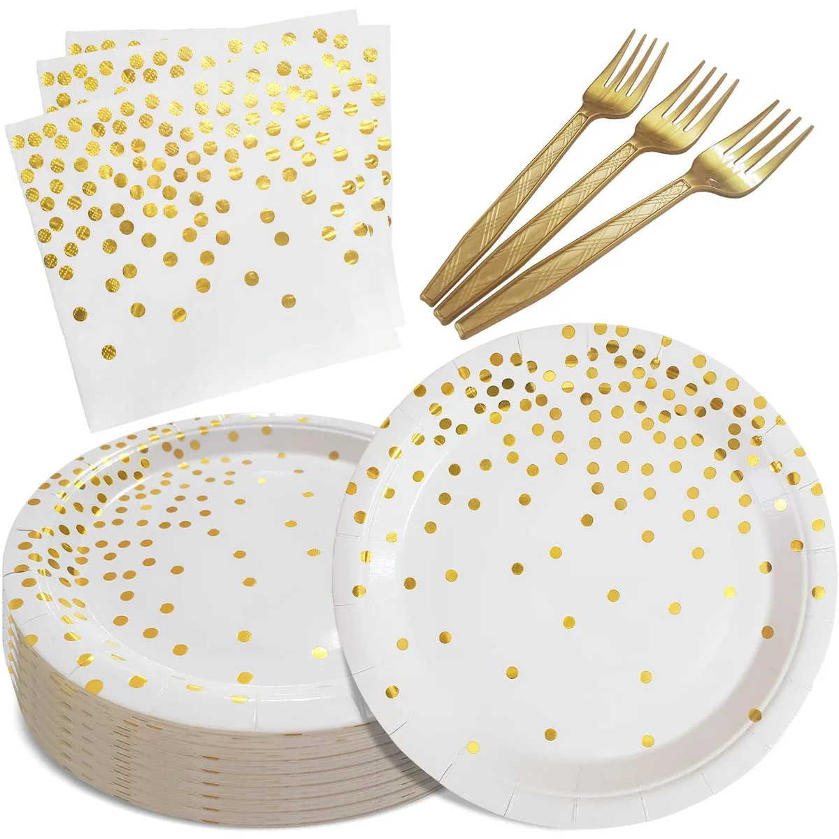 White rectangular dessert plates with gold dot trim, 30 count