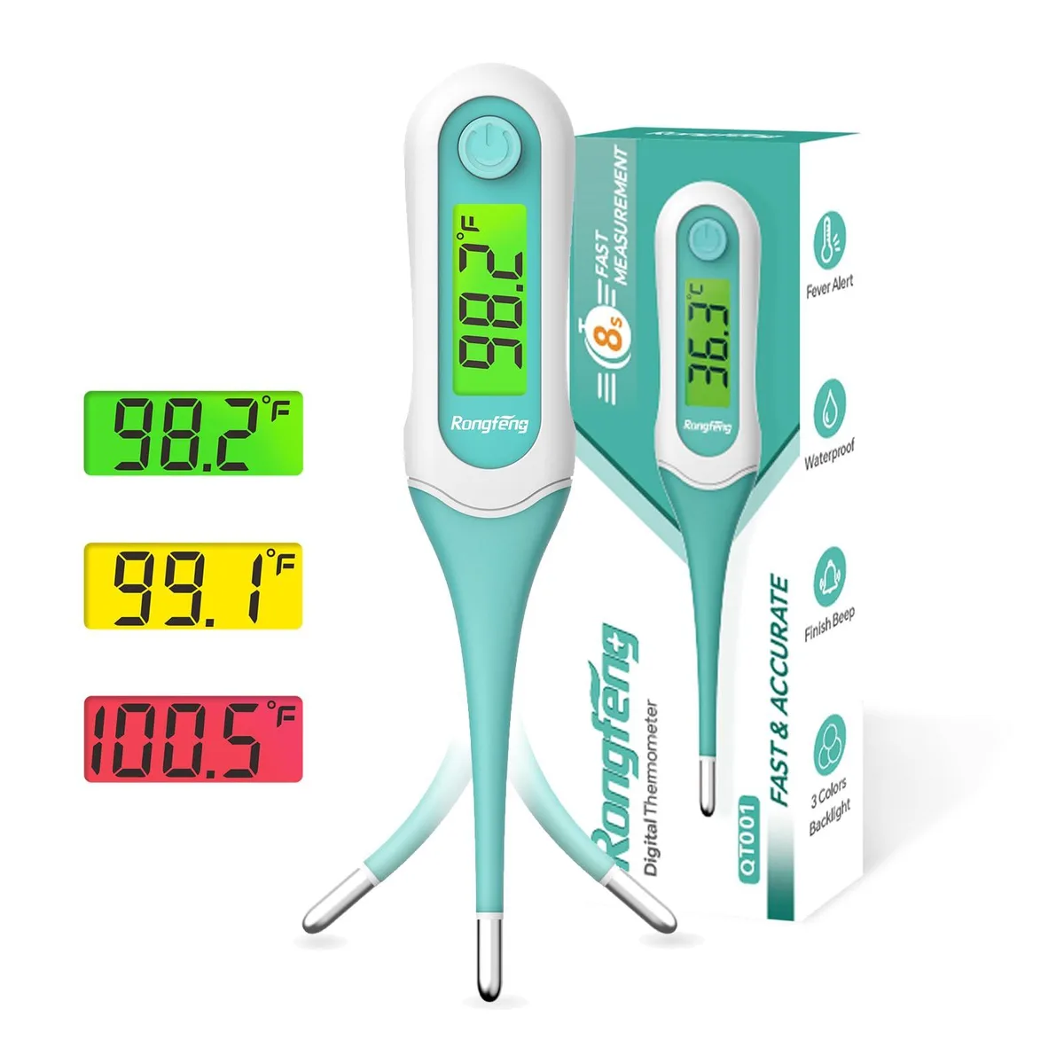 Green digital oral thermometer with soft silicone tip and backlit display in storage case