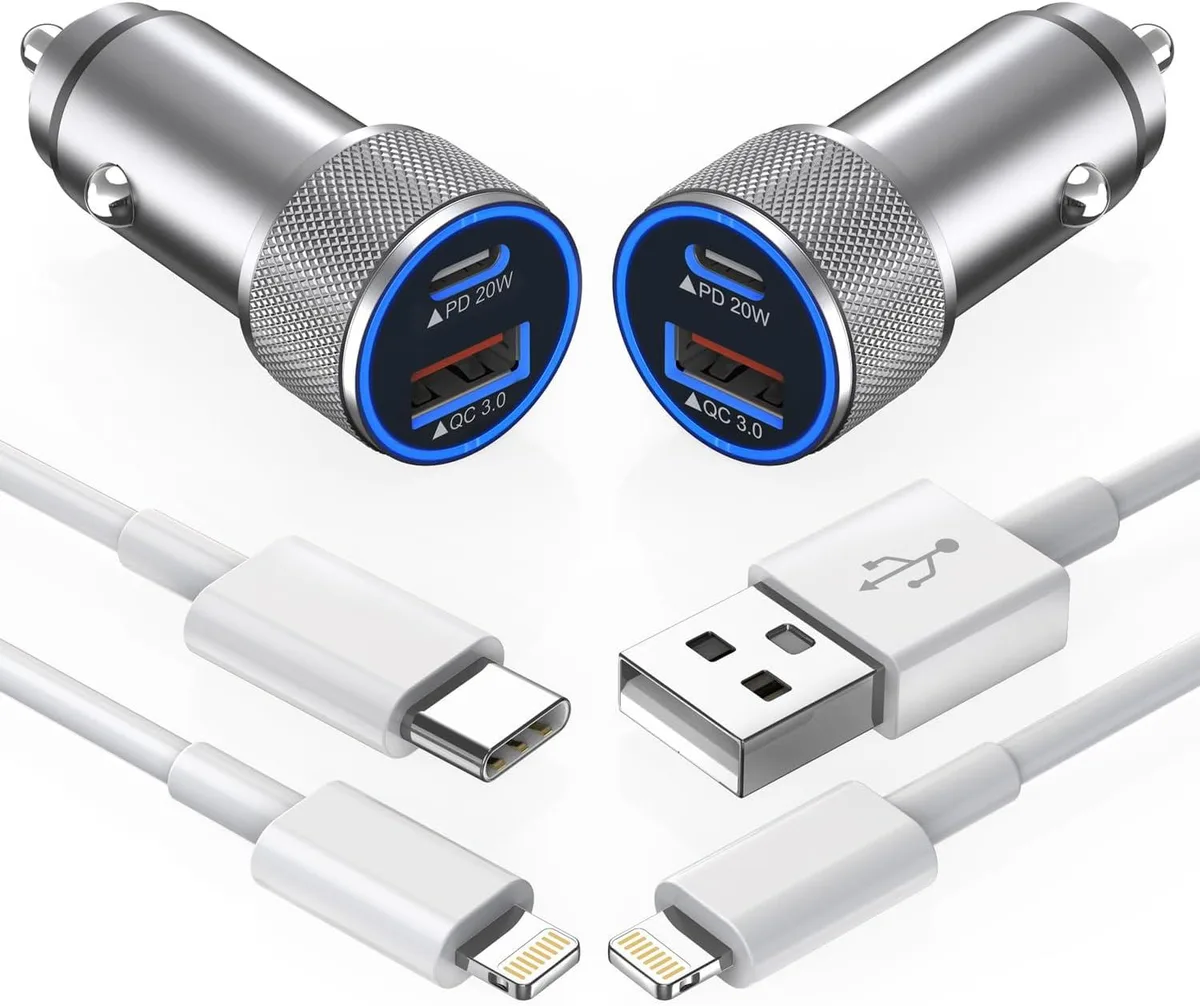 Hamzan Hamzan 38W Dual USB-C QC3.0 Car Charger 2-Pack with Lightning Cables Grey — product photo