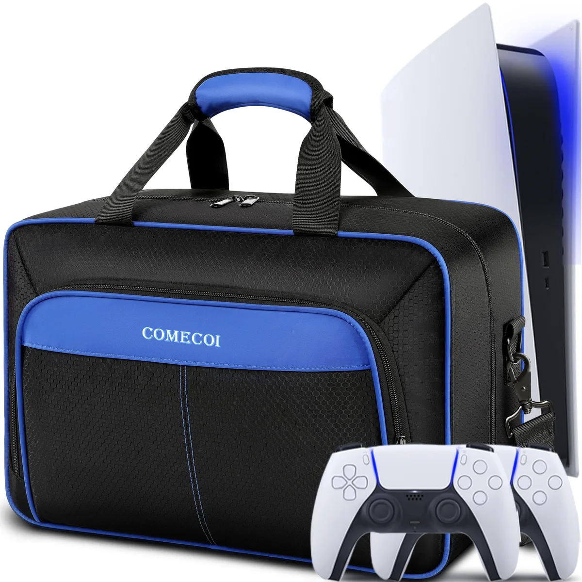 Black nylon carrying case for PS5 with adjustable shoulder strap and front pocket