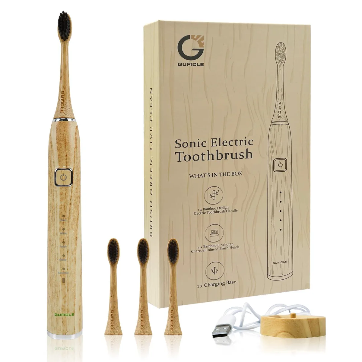 White sonic electric toothbrush with bamboo brush heads and charcoal bristles