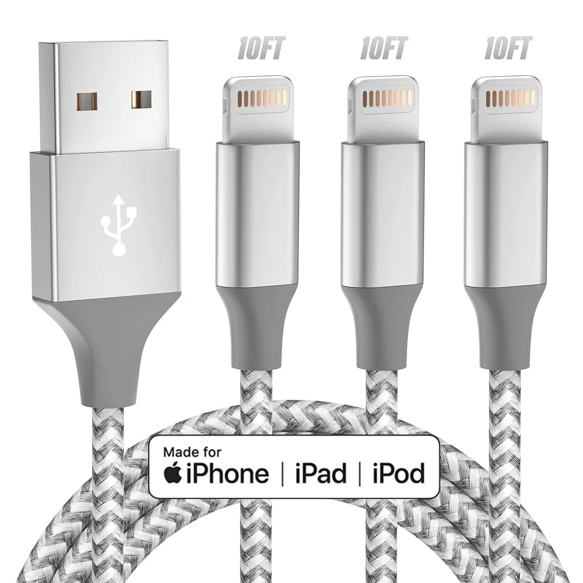  Bkayp BkaypCable -A06 3-pack 10 ft Lightning cables grey white — product photo