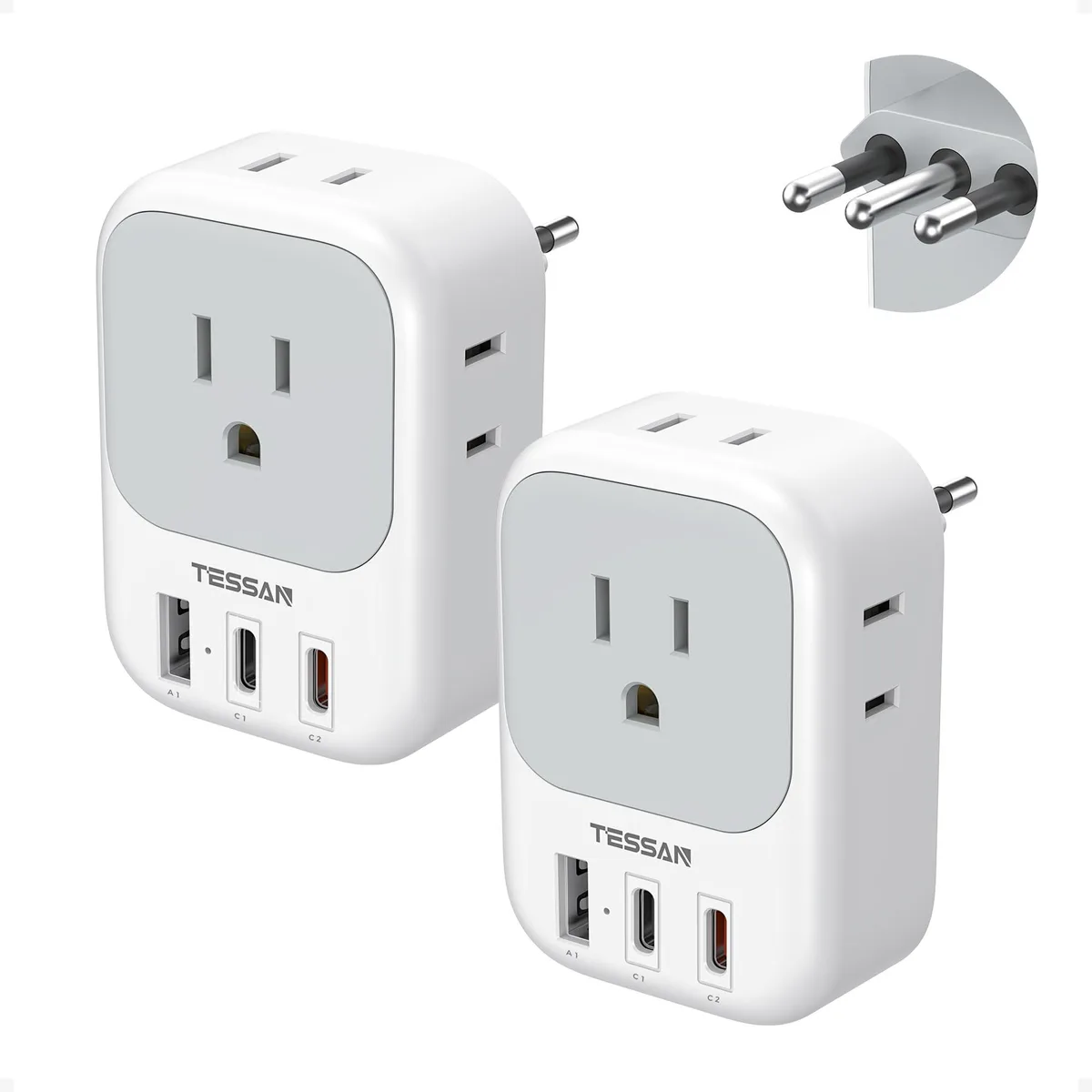 White and grey rectangular travel adapter with Type L plug, four AC outlets, two USB-C ports and one USB-A port