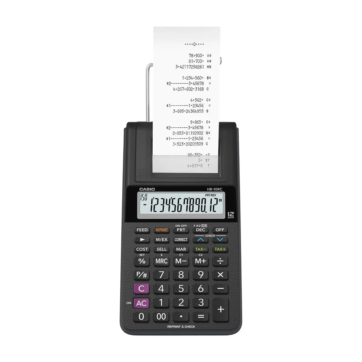 Black compact printing calculator with 12-digit LCD display and rubberised keys