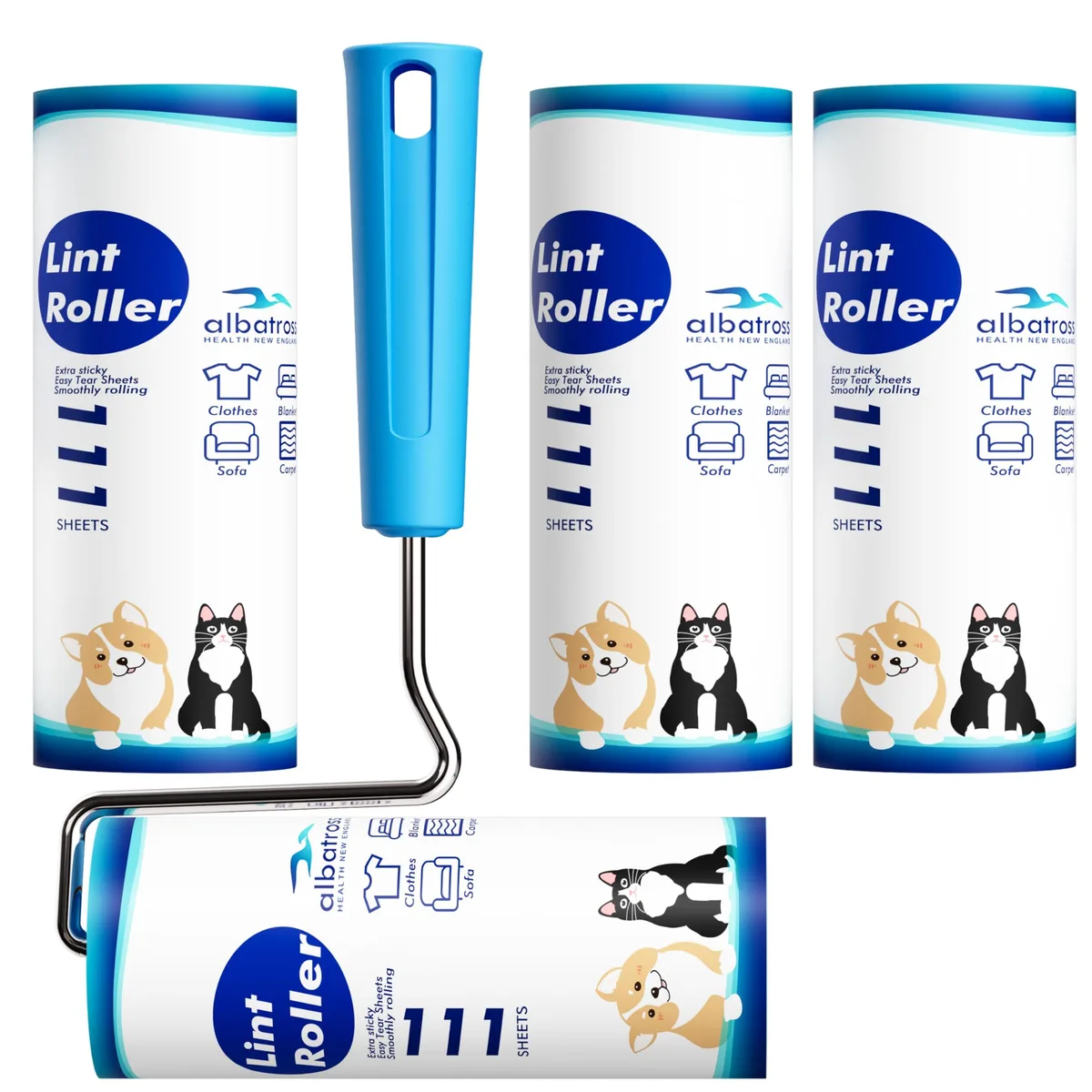 White lint roller with long handle, 6.3 inch wide adhesive surface, four refill rolls included