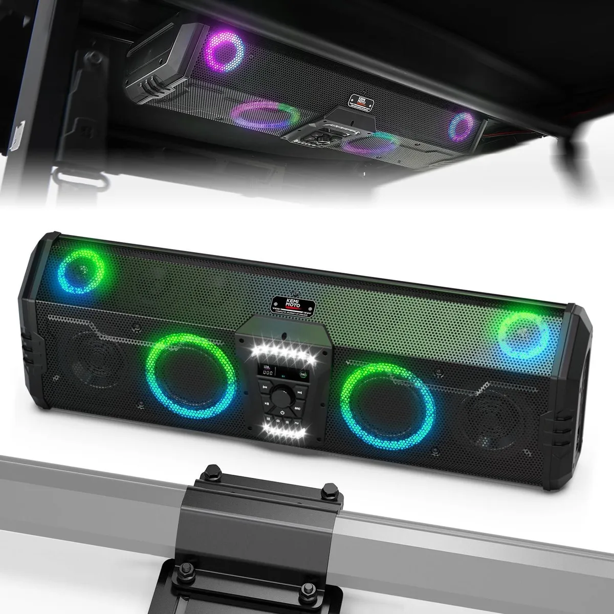 Rectangular black roof-mounted audio bar with RGB light strips