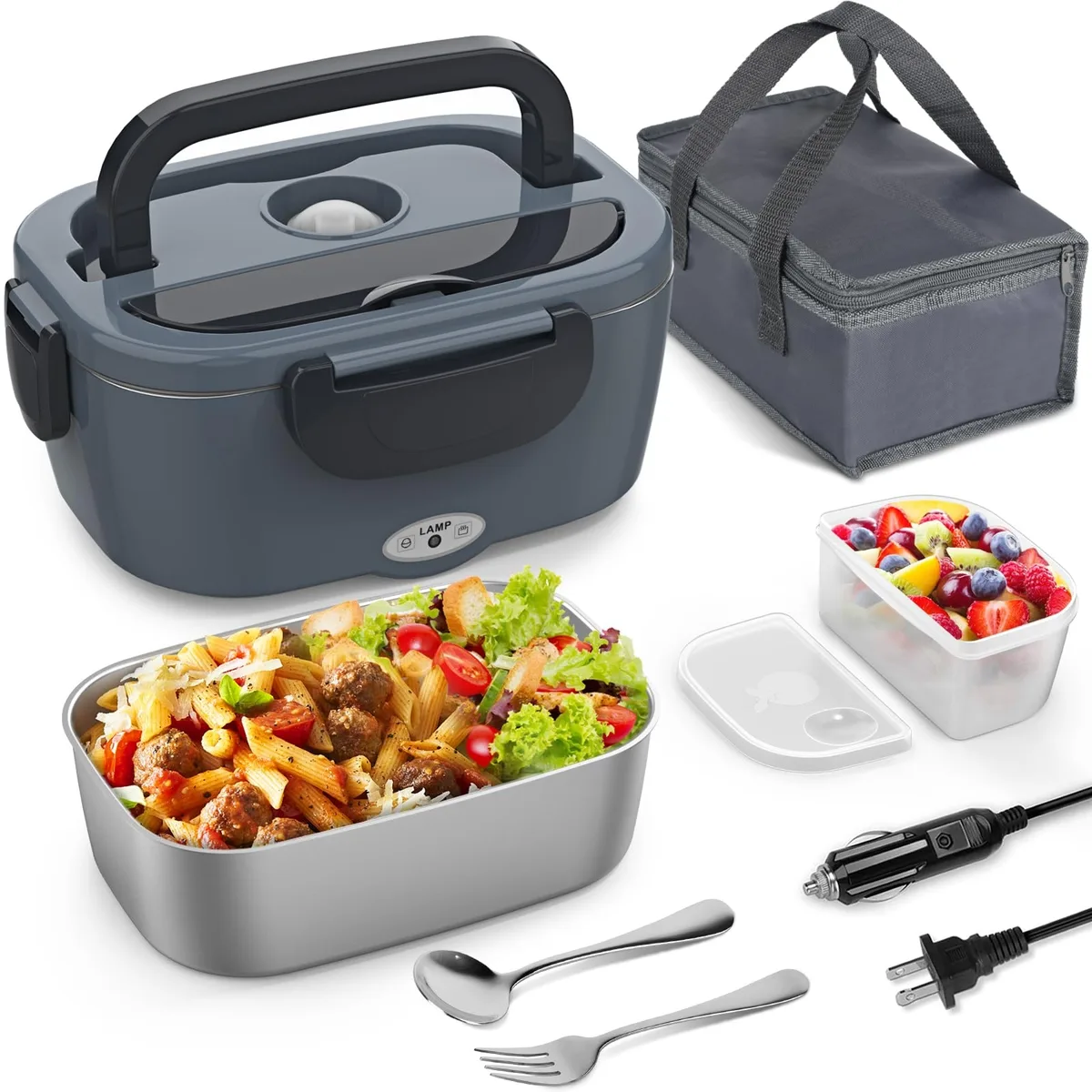 Red rectangular heated lunch box with silicone exterior and removable stainless steel container