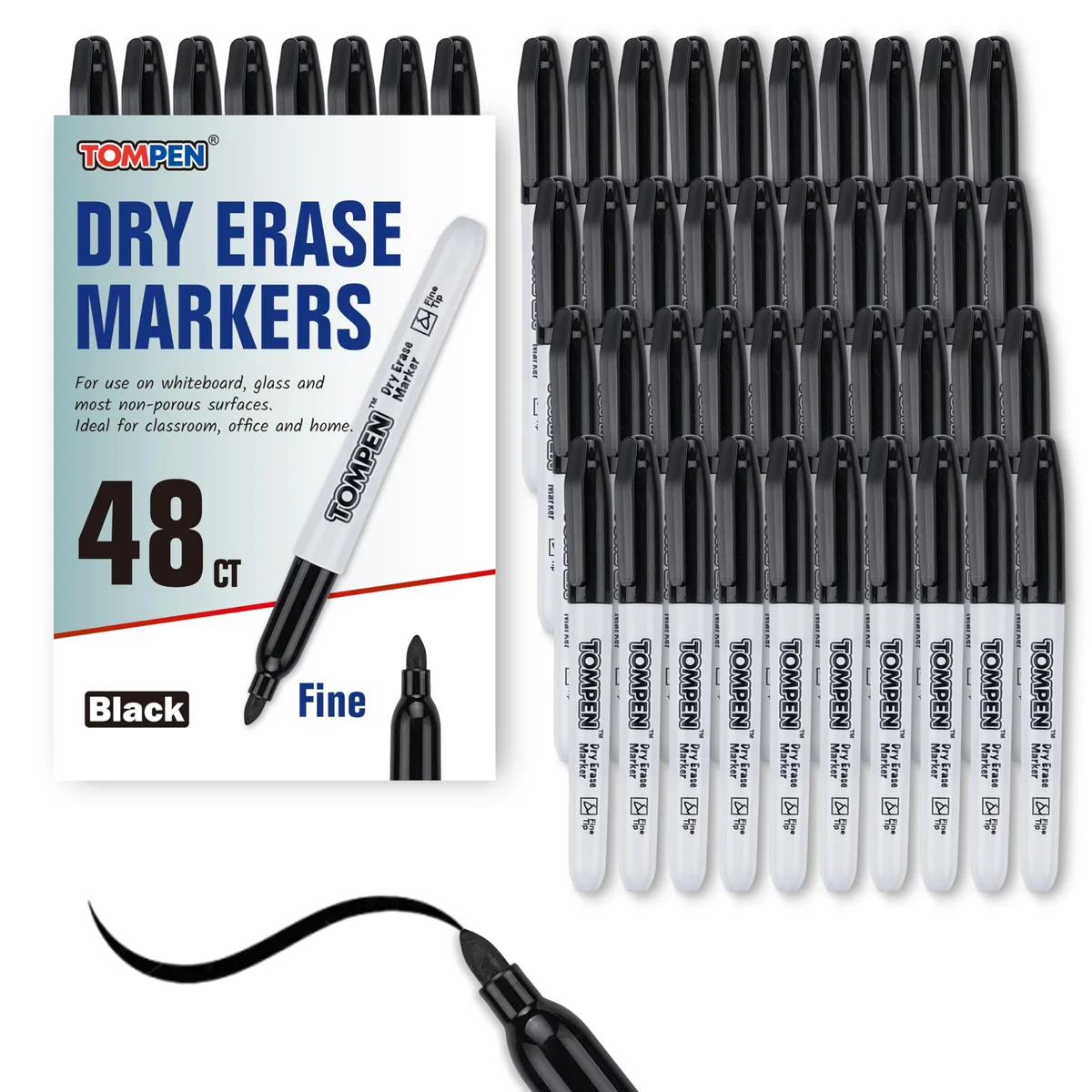 A white box holding 48 black fine-tip dry-erase markers
