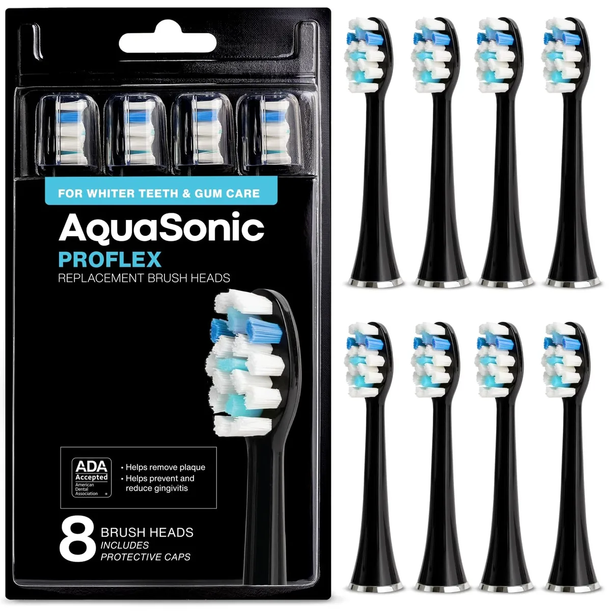 Eight black replacement brush heads with soft nylon bristles in compact packaging