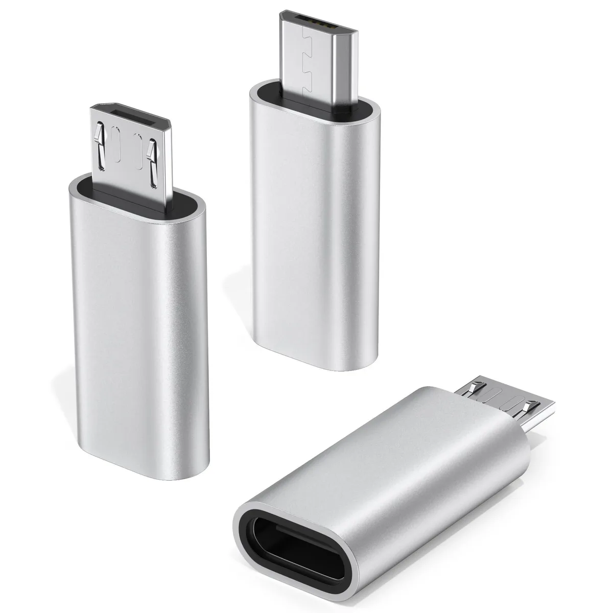 Three silver USB-C to Micro USB adapters, aluminium finish