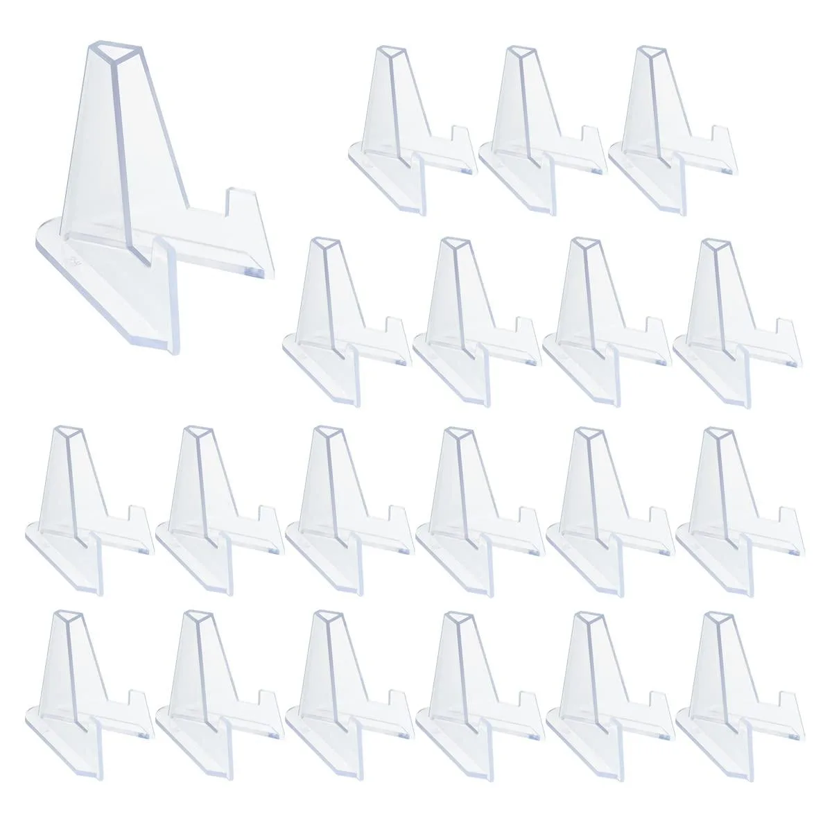 Twenty clear acrylic triangular easel stands, each 2.2 by 2.2 inches, packed together