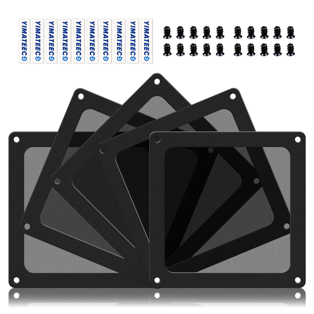 Five black 90mm square nylon mesh filters with magnetic frames and included gel pads and screws